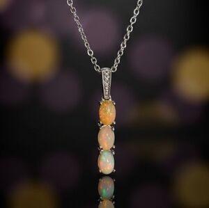 Ethiopian Welo Opal & Diamond Pendant Necklace - Platinum over Sterling Silver